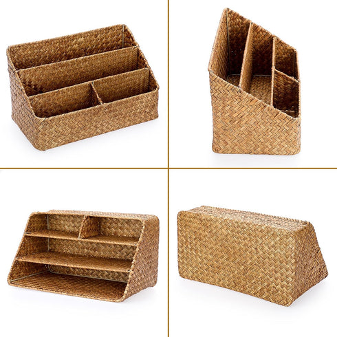 BTSKY Woven Storage Basket Natural Seagrass Vertical Wicker Storage Baskets with 4 Compartments Desk Organizers and Storage Magazine File Holder H...