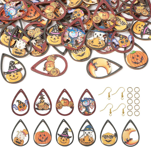 Craftdady 40Pcs Halloween Teardrop Charms Wooden Earring Making Kit Pumpkin Ghost Moon Pendants with Brass Jump Ring & Earring Hooks for Adults Cr...