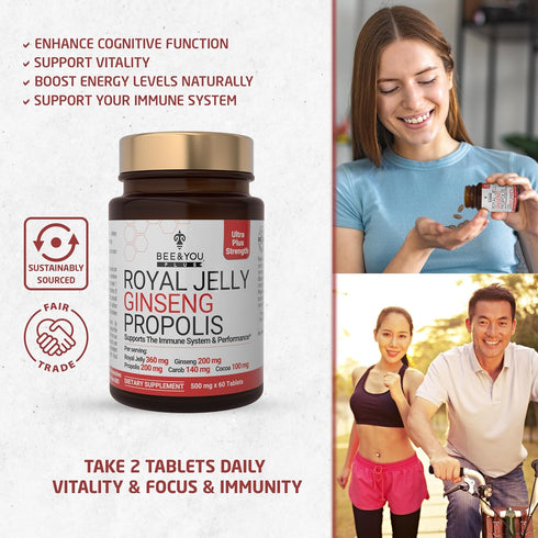 Bee and You Royal Jelly with Ginseng, Propolis Extract, 60ct, 100% Natural Superfood, Ultra Pure, Immune Support Supplement, Antioxidants, Keto, P...