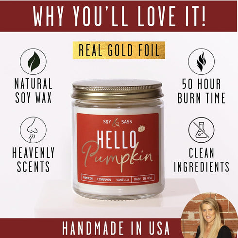 Fall Candles, Pumpkin Candle - 'Hello Pumpkin' Soy Pumpkin Spice Candle I Infused with Essential Oils I Fall Candle Decor, Fall Scented Candle I 9...