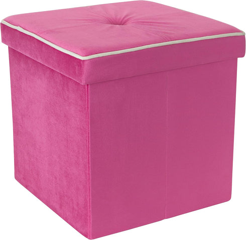 Simplify Velvet White Piping Folding Storage Ottoman, Toy Box Chest, Tufted Padded Seating, Bench, Foot Rest, Stool, Single, Pink...