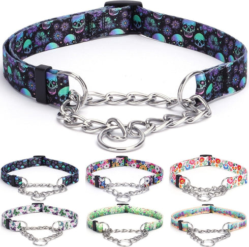 Martingale Collar, Training Dog Collar, Stainless Steel Chain Pet Collar for No Pull Dog Walking Flowers Design Large Medium Small Dogs (L, Skull)...