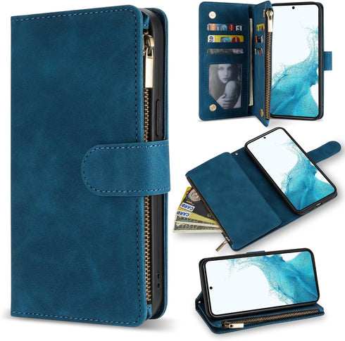 ZZXX for Samsung Galaxy S22 Case Wallet with Card Slot Premium Soft PU Leather Zipper Flip Folio with Wrist Strap Kickstand Protective Case (Blue-...