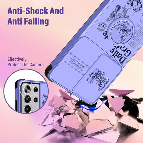 (2in1 for Samsung Galaxy S21 Ultra Case for Women Cute Girls Butterfly Phone Cover Pretty Girly Purple Butterfly Design with Camera Cover+ Ring St...