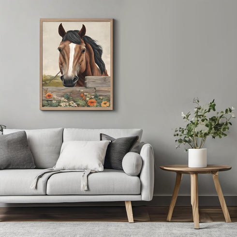 Posterizer 1 pcs- Beautiful brown horse in a stable with flowers-Art for Animal Lovers-Floral Botanical Art- Gift for Men Women Teens-Living Room...