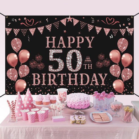 Trgowaul 50th Birthday Decorations for Women - Rose Gold 50th Birthday Banner Backdrop 50th Birthday Party Suppiles Photography Supplies Backgroun...