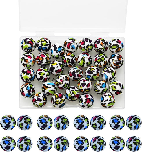 30 Pieces Silicone Beads, BetterJonny 15mm Loose Beads with Storage Box Colorful Leopard Print Round Beads for Necklace Bracelet DIY Crafts...