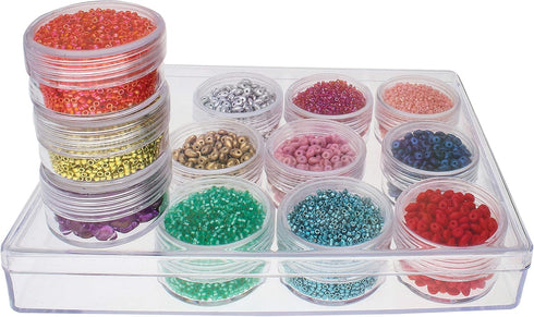 The Beadsmith Personality Case - Clear Storage Organizer Box – 6.4 x 4.8 x 1 inches - includes 12 Small Containers with lids - 1.5 x 0.8 inches, B...