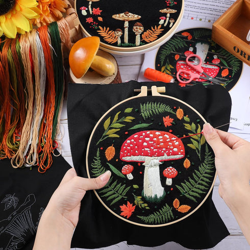 5 Sets Embroidery Kit with Mushroom Pattern and Instruction Halloween Fall Cross Stitching for Beginner Adult Kid DIY Stamped Starter Needlepoint ...