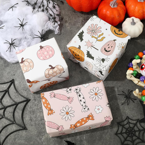 AnyDesign 12 Sheet Halloween Wrapping Paper Boho Pink Pumpkin Ghost Gift Wrap Paper Bulk Folded Flat Halloween Print Art Paper for Halloween Birth...