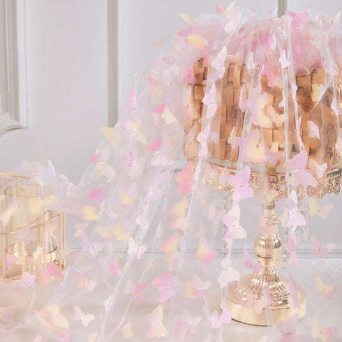 Rainbow Pink Tulle Fabric Rolls: 2 Yards 3D Butterfly Embroidery Fabric - DIY Cloth for Birthday Party Decorations...