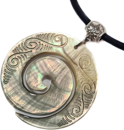 Hand Carved Maori Mother of Pearl Shell Koru Peace Pendant 16 to 27 inches Adjustable Cord necklace Handmade Jewelry CA239-N...