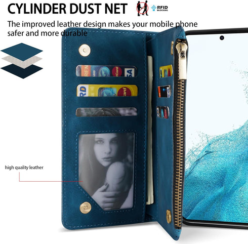 ZZXX for Samsung Galaxy S22 Case Wallet with Card Slot Premium Soft PU Leather Zipper Flip Folio with Wrist Strap Kickstand Protective Case (Blue-...