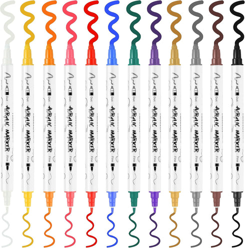 TRANSON 12 Color Dual-tip Acrylic Paint Pen Set for Canvas Rock Wood Leather Ceramic DIY Painting...