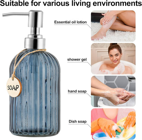 16 OZ Soap Dispenser?Tempered Glass Clear Vertical Stripe with 304 Rust Proof Stainless Steel Pump Refillable Liquid Hand Soap Dispenser?for Bathr...