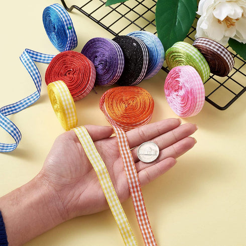 Craftdady 10 Rolls Gingham Checked Polyester Ribbon 3/8 Inch Plaid Tartan Fabric Craft Ribbon Roll for Hair Accessories Craft Wrapping Party Decor...