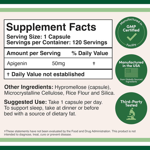 Apigenin Supplement - 50mg per Capsule, 120 Count (Powerful Bioflavonoid Found in Chamomile Tea for Relaxation, Sleep, and Mood) Senolytic Flavono...