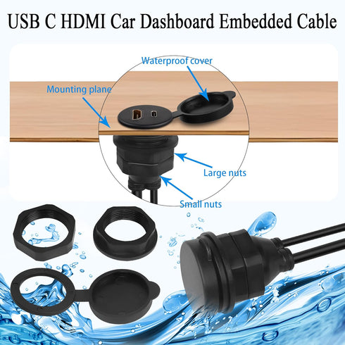 QIANRENON USB C&HDMI Threaded Flush Mount Waterproof Cable Adapter USB C 2.0+HDMI 1.4 Male to Female Panel Mount Extension Cable, 4K@60HZ, for Car...