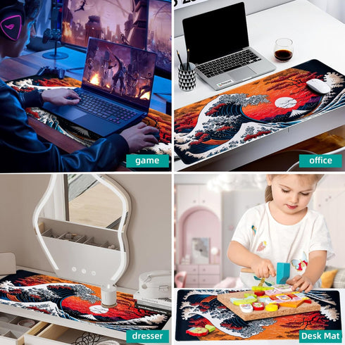 Japanese Sea Waves Large Gaming Mouse Pad for Desk, Desk Mat with Seamed Edges, Waterproof Desk Pad, Non-Slip Rubber Base, 31.5x11.8 Inch Keyboard...