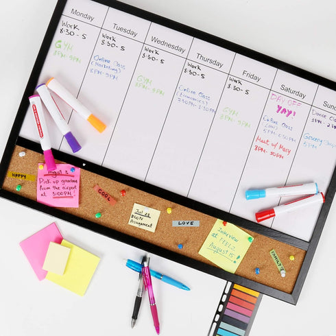 DESK TECH Multifunctional Weekly Planner - Half Dry Erase White Board with Cork Bulleting Board - 16 x 24 inches, Black Pinewood Wooden Frame - Ha...