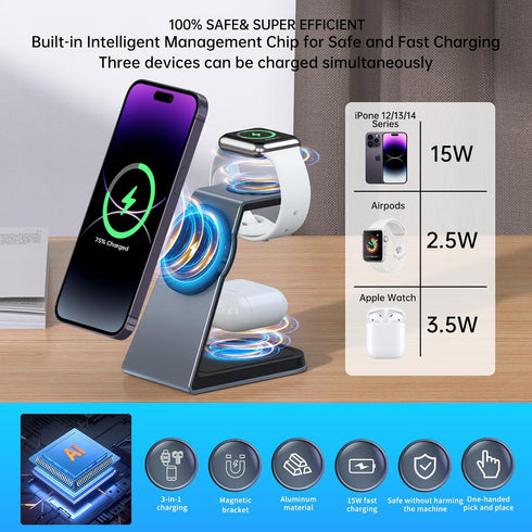 Magnetic Wireless Charger for iPhone, iWatch Charger Compatible with S2-S9,3 in 1 Wireless Charging Station Compatible with iPhone15/14/13/12 and ...