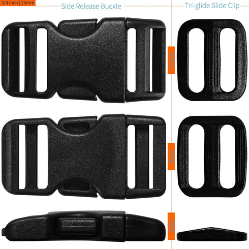 Buckles for 3/4 inch Wide Webbing Straps: Quick Side Release Buckles 10 set and Tri-Glide Slide 20 pcs Fit 0.75" Nylon Web Belt, Plastic Snap Fast...