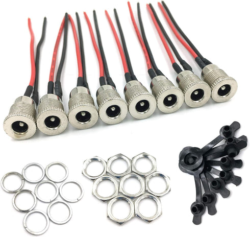 8Pack Female DC Threaded Barrel Jack Panel Adapter 5.5mm x 2.1mm Connector 18AWG Wire DC Power Jack Panel Mount Socket 2 Pin Solder Type with Dust...