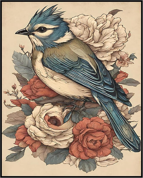 Posterizer 1 pcs- Blue bird standing on red and white flowers-Art for Animal Lovers-Floral Botanical Art- Gift for Men Women Teens-Decor for Home...