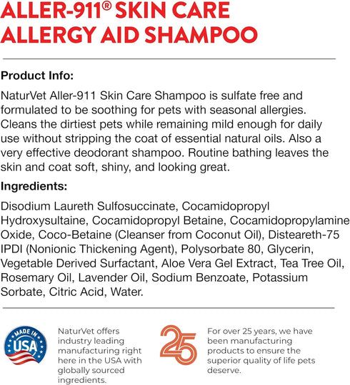 NaturVet Aller-911 Skin Care Allergy Aid Pet Shampoo With Aloe Vera – Pet Health Supplement Shampoo & Grooming Aid for Dermatitis, Dog Skin Allerg...