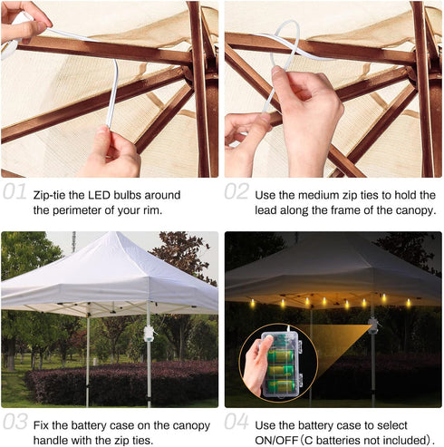 LED Canopy and Umbrellas Lights, 23 Ft LED Outdoor String Lights with Shatterproof Plastic 8LED C7 E-12 Light Bulbs, Waterproof, C Battery Powered...