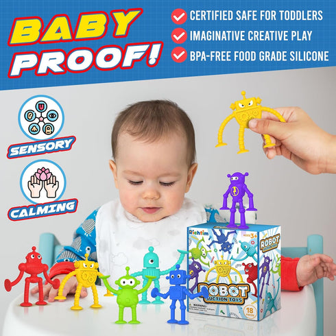 Baby Suction Toy Bath Toys: 18PCS Robot Bath Toys for Toddlers, No Hole Bath Toy for Boys Girls Travel Toy Gift, Window Sensory Toys for Fun & Cre...