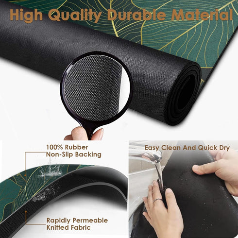 Coffee Mat for Countertop, Golden Banana Leaf Emerald Green Dish Drying Mat 2 Pcs for Kitchen Coffee Bar Accessories, Coffee Maker Espresso Machin...