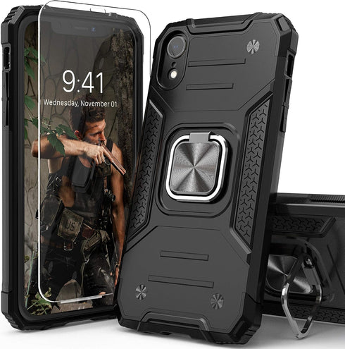 iPhone XR Case with Screen Protector,iPhone XR Case, Shock Absorption Heavy Duty Drop Test Cover with Car Mount Kickstand Lightweight Protective P...