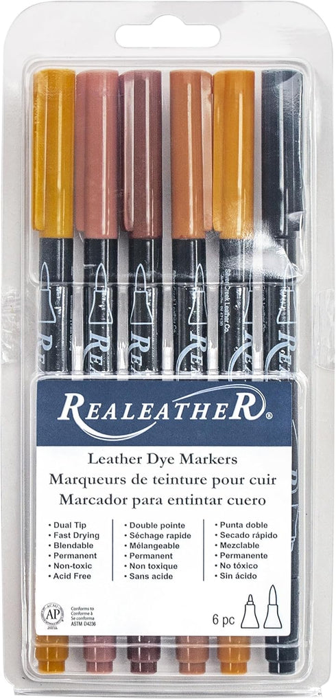 Realeather F2400-01 Dual Tip Leather Dye Marker Pens (6 Pack), Earth Tones...