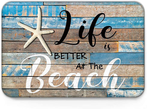 Life is Better at The Beach Door Mat Front Door Welcome Mat Ocean Coastal Starfish Entrance Rug Beach Wood Grain Non Slip Floor Mat for Kitchen En...