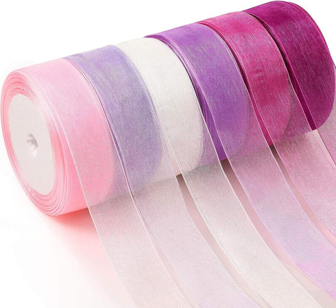 6 Rolls Sheer Chiffon Ribbon Organza Satin Ribbon Transparent Chiffon Ribbon for Wrapping Decorating Valentine's Day Wedding Birthday Bouquet Garl...