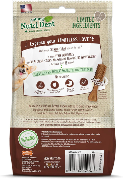 Nylabone Nutri Dent Dog Dental Chews - Natural Dog Teeth Cleaning & Breath Freshener - Dental Treats for Dogs - Filet Mignon Flavor, Mini (32 Coun...