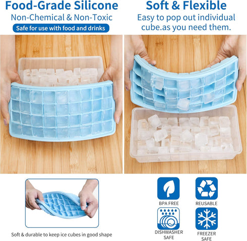 Silicone Ice Cube Tray with Leak-Proof Lid & Storage Bin for Freezer – BPA-Free 36-Piece Nugget Ice Molds, Spill-Resistant Cover & Ice Scoop Conta...
