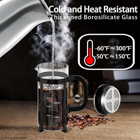 French Press Coffee Maker 304 Stainless Steel Coffee Press,with 4 Filters System, Heat Resistant Thickness Borosilicate French Press Glass, BPA-Fr...
