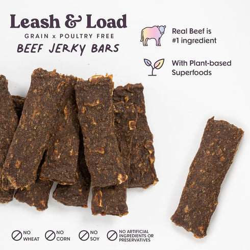 Leash & Load Dog Treats Beef Jerky Snack Bars, 5 oz Bag, Puppy and Dog Training Treats, Natural Superfood Grain Free Dog Treat Made with Real Beef...