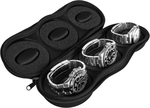 Triple Watch Travel Case Storage Organizer For 3 Watches | Tough Portable Protection w/Zipper Fits All Wristwatches & Smart Watches Up To 50mm (Bl...