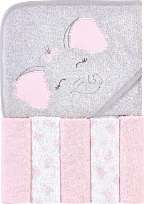 Hudson Baby Unisex Baby Hooded Towel and Five Washcloths, Pink Elephant, One Size...