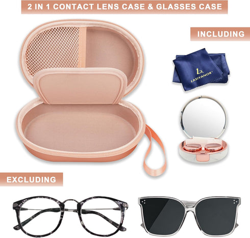 Lasiyanor 2 in 1 Contact Lens Case and Glasses Case, Portable Contact Box Bag with Mirror Tweezers Remover Tool Solution Bottle for Travel Daily O...