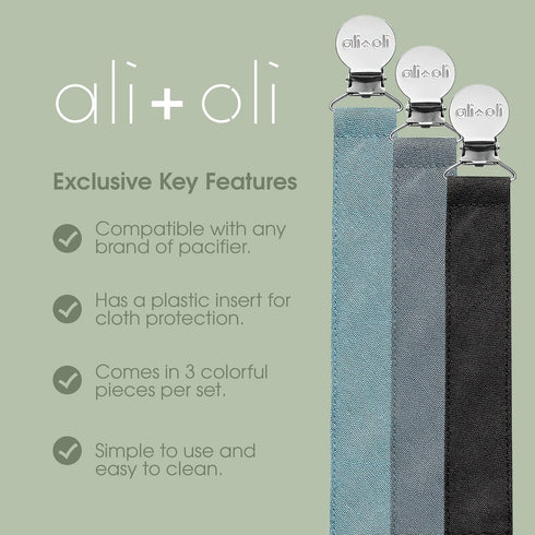 Ali+Oli Linen Strap Pacifier Clip (Night) Set of 3 (10" x 1") Baby Pacifier Holder for Newborn Pacifiers & Teethers, Binky Clips, Silicone-Free Pa...