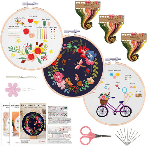Embroidery Starter Kit for Beginners with Instructions, 3 Stamped Designs, 1 Bamboo Hoop, Thread Set, 9 Needles, Scissor, Threader, Seam Ripper......