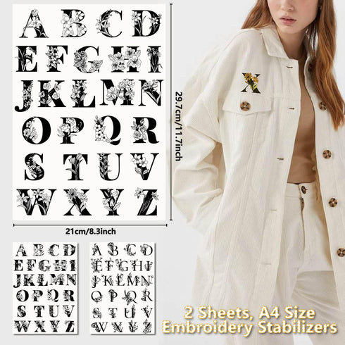 CRASPIRE 2 Sheets Floral A-Z letters Water Soluble Embroidery Stabilizers 52Pcs Patterns Hand Sewing Stick and Stitch A4 Transfers Fabric Wash Awa...