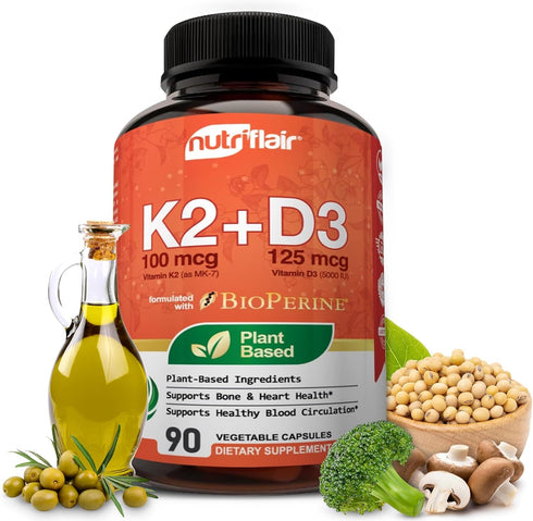 NutriFlair Vitamins D3 (5000iu/125mcg) + K2 (as Mk7) - Made with Plant-Based Ingredients Plus BioPerine Black Pepper Extract, 90 Capsules - Suppor...
