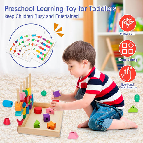 Montessori Wooden Lacing Beads Toys for 2 3 4 Year Old Toddler Kids, Sequencing & Stacking Block Toy with Storage Box, STEM Preschool Learning Toy...