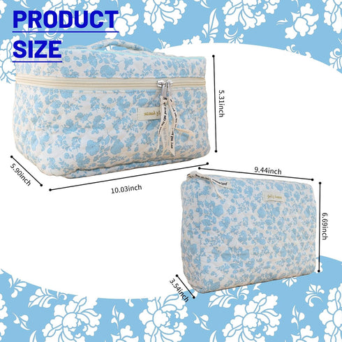 2 Pcs Cotton Quilted Makeup Bag Cute Floral Makeup Bag Large Coquette Aesthetic Cosmetic Bag Kawaii Toiletry Bag for Women Girls...