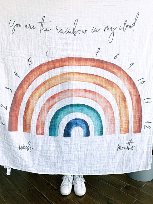 100% Organic Cotton Muslin Monthly Baby Milestone Blanket with Wooden Hello World Newborn Sign, Newborn Photography Props, Birth Announcement Sign...